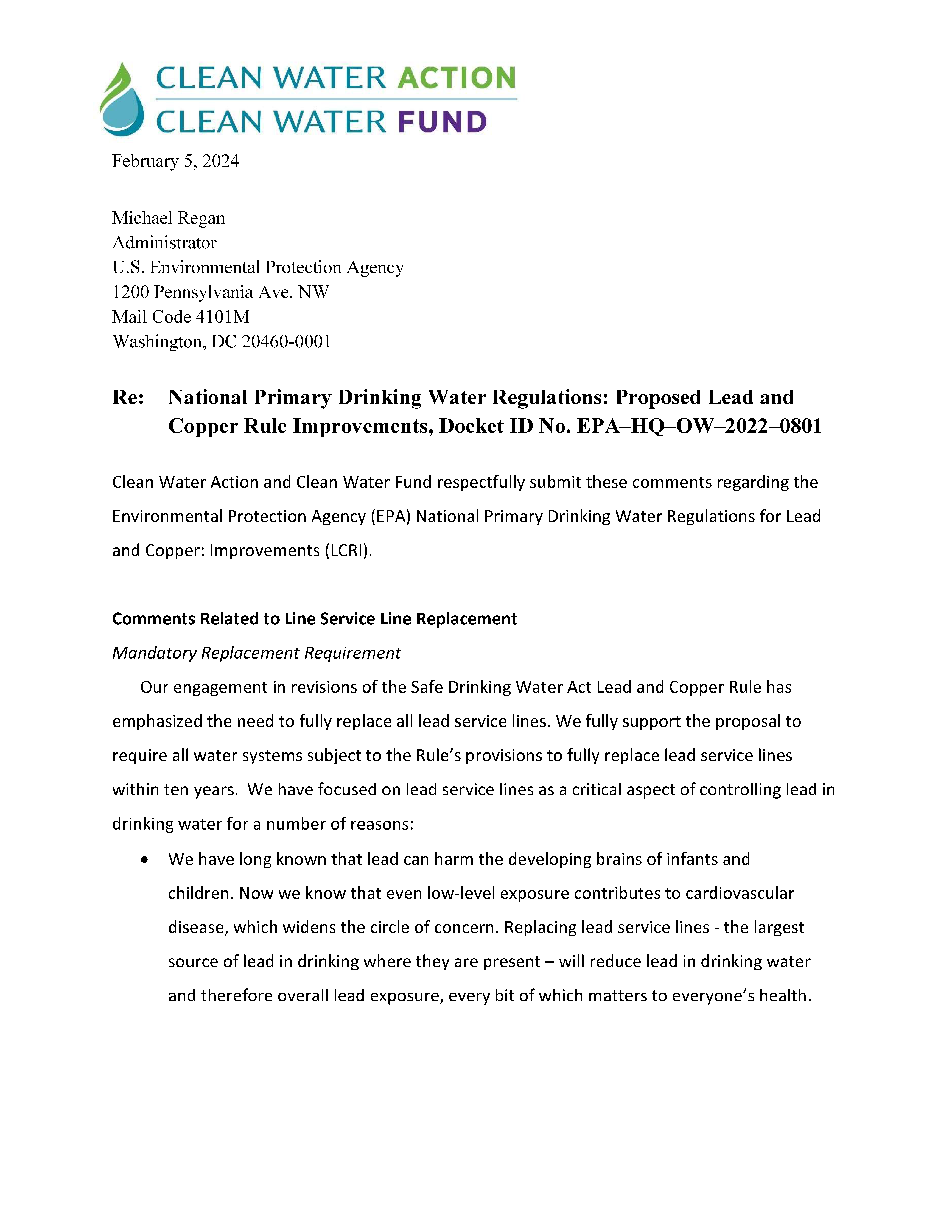 Letter To EPA: National Primary Drinking Water Regulations For Lead And ...